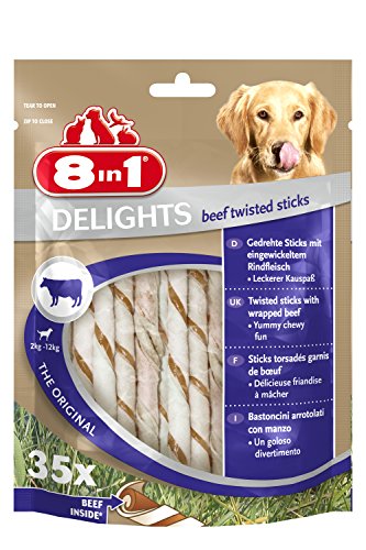 8in1 Delights Beef Twisted Sticks (gesunder Kausnack für sensible Hunde, hochwertiges gedrehtes Rindfleisch), 35 Stück (190 g Beutel)