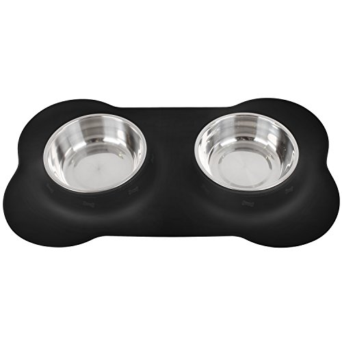 InnoGear hund katze schalen mit edelstahl - schalen mit knochen form nicht aus silikon - tablett zusammenklappbaren rutschfeste matte reisen - schüssel abnehmbaren pet food wassernapf, schwarz