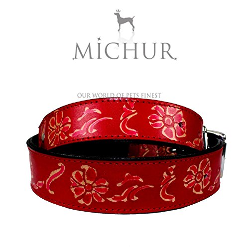 MICHUR Cheyenne, Hundehalsband, Lederhalsband, Halsband,ROT, LEDER, mit gestanzten Blumenmuster, in verschiedenen Größen erhältlich