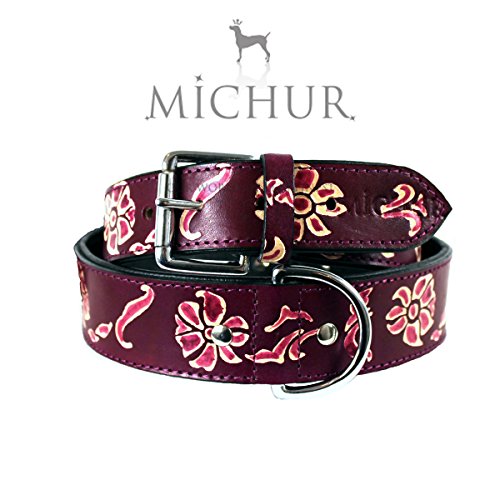 MICHUR Shanaya, Hundehalsband, Lederhalsband, Halsband, Lila, LEDER, mit gestanzten Blumenmuster, in verschiedenen Größen erhältlich