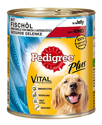 Pedigree Adult Plus Hundefutter Fischöl - Rind in Gelee, 12 Dosen (12 x 800 g)