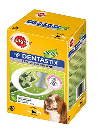 Pedigree DentaStix Fresh Hundesnack für mittelgroße Hunde (10-25kg), Zahnpflege-Snack mit Eukalyptusöl und Grüner Tee-Extrakt, 4 Packungen je 28 Stück (4 x 720 g)