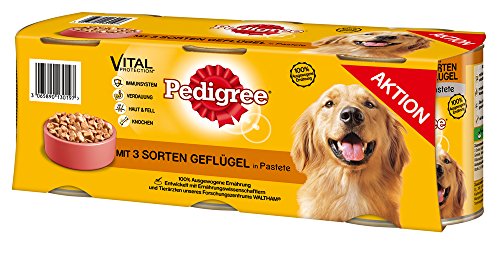 Pedigree Hundefutter 3 Sorten Geflügel in Pastete, 12 Dosen (4 x 3 x 800 g)