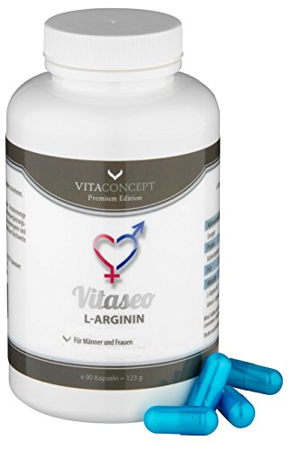 VITASEO - L-Arginin fermentiert - Potenzmittel - Luststeigerung - Sport - für Mann und Frau - Monatspackung - 100% gewonnen aus L-Argininhydrochlorid *Top-Dosierung* VITACONCEPT - 90 Kapseln * MADE IN GERMANY *