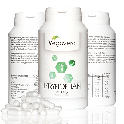Vegavero L-Tryptophan | 120 Kapseln | 500 mg | Vegan ▪ Keine Gelatine | Leistungsfähigkeit ▪ Motivation ▪ gesunder Schlaf | Made in Germany