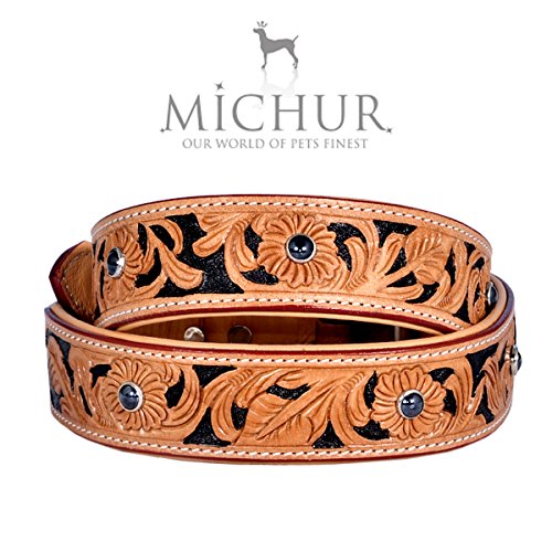 MICHUR Jose Hundehalsband, Lederhalsband, Halsband, Beige, LEDER, mit schwarzen Farben und Steinchen, in verschiedenen Größen erhältlich