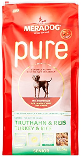 MERA Meradog Pure Senior Trockenfutter I Hundefutter ohne glutenhaltige Zutaten für ältere, sensible Hunde mit Truthahn und Reis I 12,5 Kg