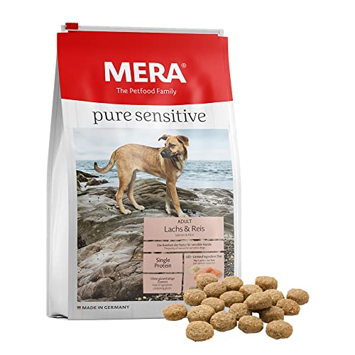 MERA pure sensitive Lachs & Reis, Hundefutter trocken für sensible Hunde, Trockenfutter aus Lachs und Reis, Futter für ausgewachsenen Hund, ohne Weizen und Zucker (4 kg)