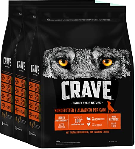 CRAVE Premium Trockenfutter mit Truthahn & Huhn für erwachsene Hunde – Getreidefreies Adult Hundefutter mit hohem Proteingehalt – Beutel (3 x 2,8 kg)