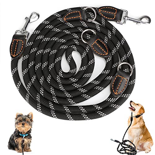 Hundeleine für große und mittelgroße Hunde - Verstellbare Doppelleine aus Nylon mit 2 Karabinerhaken und 3 Ringen - 3m x 15mm - Schwarze