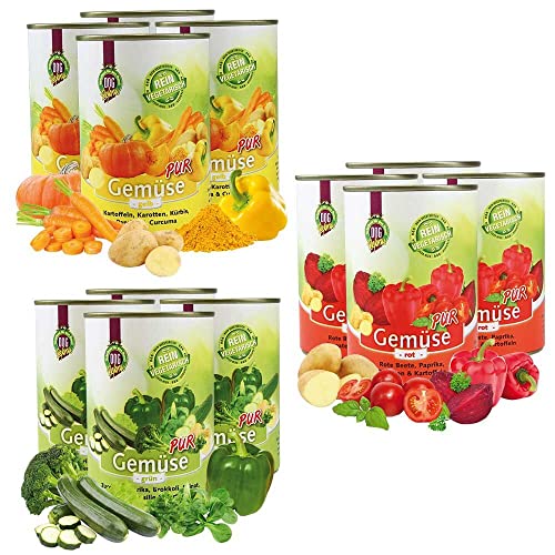 Schecker Nassfutter für Hunde - Gemüse PUR - grün, rot, gelb - 12 x 410g - ohne Zusatzstoffe - veggi - Barf - getreidefrei
