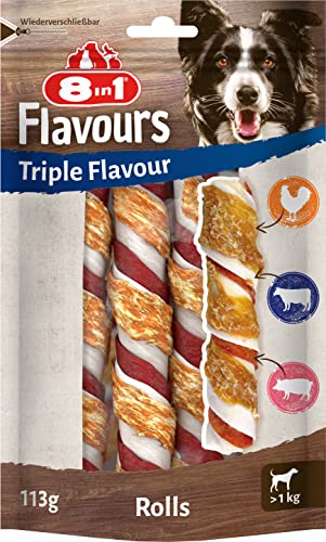 8in1 Triple Flavour Rolls Kaustangen für Hunde - Kausnacks mit extra viel Fleisch, 113g Beutel (3 Stück) 8in1 Triple Flavour Rolls Kaustangen für Hunde - Kausnacks mit extra viel Fleisch, 113g Beutel (3 Stück)